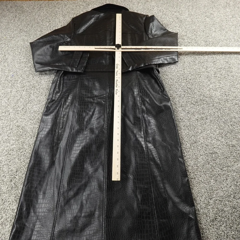 Jason Wu Jacket‎ Womens M Black Faux Leather Long Trench Coat Parka Belted Croc